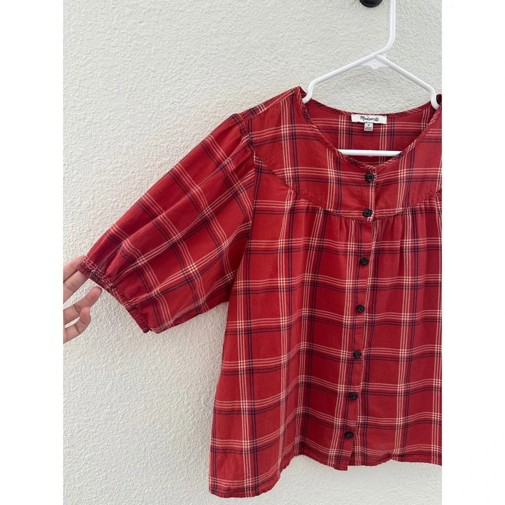 Madewell Plaid Button Front Top Red Puff Sleeve Cotton Blouse Coquette Medium
